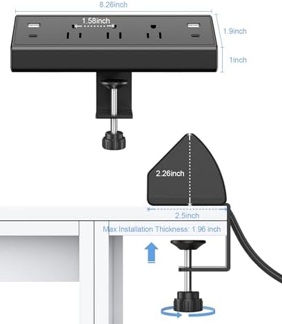 Jgstkcity Desk Clamp Power Strip,40W Total Fast Charging Station,2 PD 20W USB C Ports,Desk Edge Mount Surge Protector for Home, Office,3 Outlets,Fit 1.96" Tabletop Edge,ETL Listed - Image 5