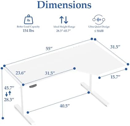 Klicelor L Shaped Standing Desk 55 x 31.5 Inch, Electric Height Adjustable Corner Desk for Home Office Workstation, Ergonomic Sit Stand Computer Table with Memory Controller, White - Image 3