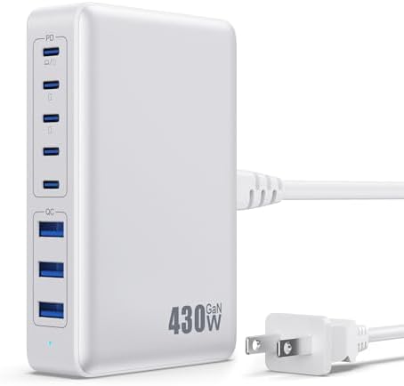 USB C Charger 430W USB C Charger Block, 8-Ports GaN IV Fast Charging Station Hub,PD 100W Laptop Charger Adapter,for MacBook Pro/Air/iPad/iPhone16/15/14/Apple Watch/DELL/Samsung for Home Office by GKUTW