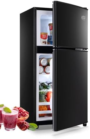 KRIB BLING Refrigerator with Freezer, 3.5 Cu.Ft Mini Fridge,Lock Fresh,7 Level Adjustable Thermostat ct for Dorm, Bar, Office,Kitchen, Bedroom,Black by KRIBBLING