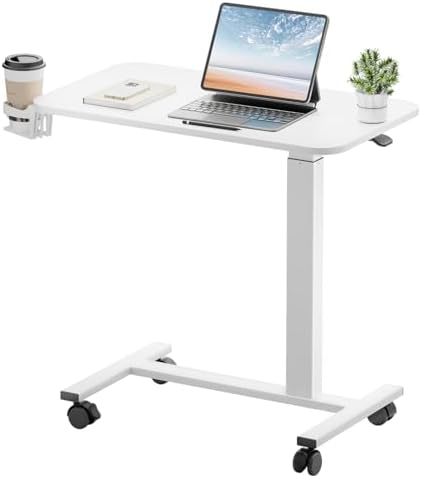 GTPLAYER Small Standing Desk with Lockable Wheels, Pneumatic Mobile Rolling Laptop Desk,Adjustable Height Overbed Bedside Table Computer Workstation for Home Office (28" W x 16" D, Matte White) by GTPLAYER
