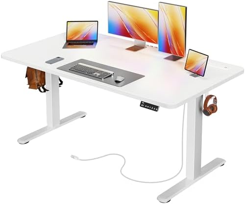 Huuger 55 X 24 Inch Electric Standing Desk with Power Outlets and USB-C Port, Height Adjustable Desk, Sit Stand Desk for Home Office, Computer & Gaming Desk with 3 Presets, Stable Steel Frame, White by Huuger