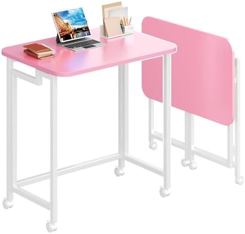 4NM 23.6" Mobile Small Rolling Computer Desk, Folding Laptop Cart Table with Wheels, Portable Office Desk for Small Space Couch Bed - Pink and White by 4NM