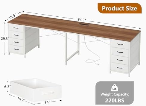 95" 2 Person Desk with 8 Fabric Drawers for Home Office, Living Room - Image 2