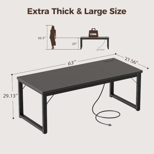 Mericonia 63x28 Inch Computer Desk w/Power Outlets, 1.2" Thick Office Table - Image 2