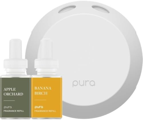 Pura - Smart Home Fragrance Device Starter Set - Pura 4 - Scent Diffuser for Home - Includes Fragrance Aroma Diffuser - Square Box, Apple Orchards and Banana Birch Scent Refills by Pura