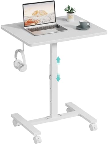 WINAZ Small Portable Rolling Desk Adjustable Height, 24 Inch Mobile Laptop Desk with Wheels for Dorm Room, C-Shaped Table for Sofa and Bed Side, Study Table for Students, White by Unknown