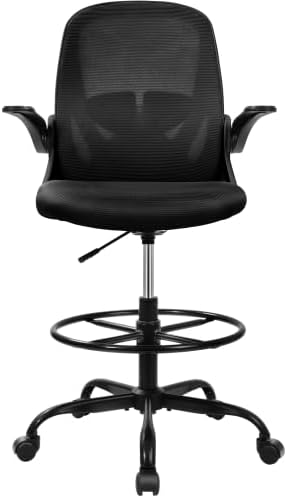 Primy Drafting Chair Tall Office Chair with Flip-up Armrests Executive Ergonomic Computer Standing Desk Chair with Lumbar Support and Adjustable Footrest Ring (Black) (Pack of 2) - Image 3