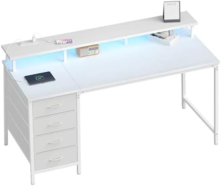 DUMOS 40-Inch Gaming Desk with Power Outlets and LED Lights, White by DumosLifestyle