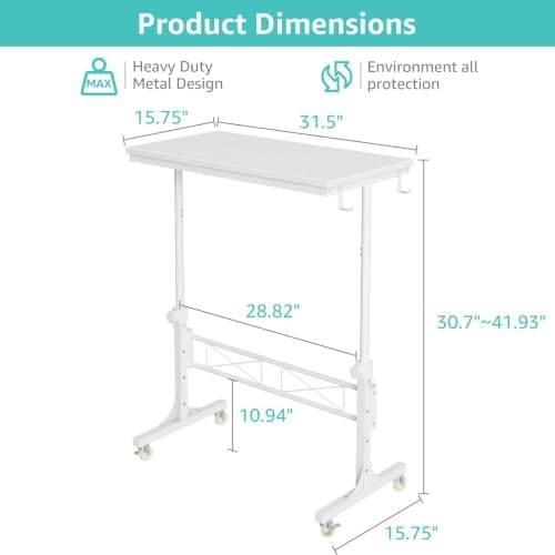 WINAZ Rolling Standing Desk with Wheels, 32" Adjustable Height Small Portable Teacher Desk for Classroom, Mobile Treadmill Walking Pad Table for Laptop, Compact White Home Office Workstation - Image 3