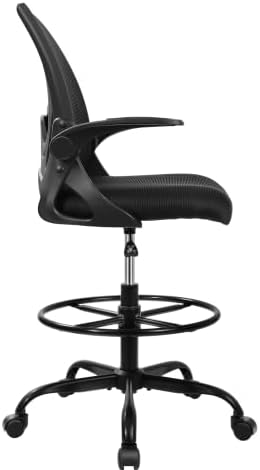 Primy Drafting Chair Tall Office Chair with Flip-up Armrests Executive Ergonomic Computer Standing Desk Chair with Lumbar Support and Adjustable Footrest Ring (Black) (Pack of 2) - Image 4