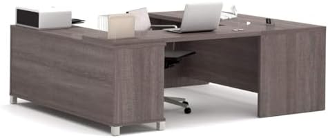 BOWERY HILL U-Shaped Computer Desk, Bark Gray Finish, 1.5" Commercial Grade Work Surface with Melamine, PVC Edge, Square Metal Legs, Adjustable Shelves, Reversible Design, 71.1" W x 89" D, Home - Image 4