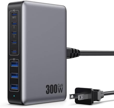 USB C Charger 300W USB C Charger Block,Upgraded GaN IV 8-Port Fast Charging Station Hub,PD 100W Laptop Charging Adapter Compatible with MacBook Pro/Air,DELL,Steam Deck,iPhone 16/15/14,Galaxy S23/22 by GKUTW