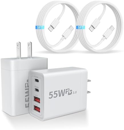 USB C Charger Block, 2 Pack 55W 4-Port Multiport Fast Wall Charger with PD (2x20W)+QC (2x3.1A) Power Adapter, Fast Charging Cable, Type C Charging Hub for iPhone 17/16/15/14/13/12/Pro/Max/XS by Unknown