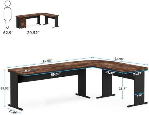 Tribesigns 83" L-Shaped Executive Desk, Large Office Desk with Drawers, Industrial Corner Computer Table with Rolling File Cabinet, Business Workstation for Home Office (Brown, 83 Inches) - Image 2