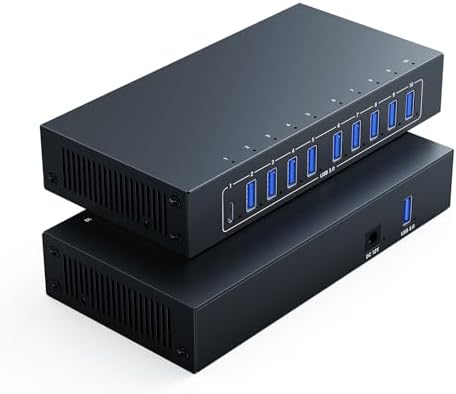 10 Port Powered USB 3.0 Hub, Industrial Rack Mountable USB Data Hub with 12V/3A Adapter 105W Output ESD Protection, Rugged Metal Case USB Expander Splitter by Yinker