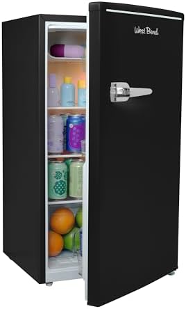 West Bend Mini Fridge for Bedroom, Office, Bar or College Dorm Room, Retro Compact Refrigerator features single door, removable glass shelves and adjustable temperature control, 3.0-Cu.Ft., Black by WestBend