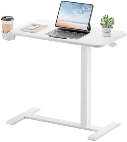 GTPLAYER Small Standing Desk with Hidden Wheels, Pneumatic Mobile Rolling Laptop Desk, Adjustable Height Overbed Bedside Table Computer Workstation for Home Office (28" W x 16" D, Pure White) by GTPLAYER