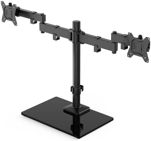 HUANUO Freestanding Dual Monitor Stand, 32 Inch Dual Monitor Mount for 2 Screens, Holds up to 19.8 lbs per Arm, Gaming Monitor Arm Riser with Tempered-Glass Base, Tilt, Swivel, Rotation, Black by HUANUO