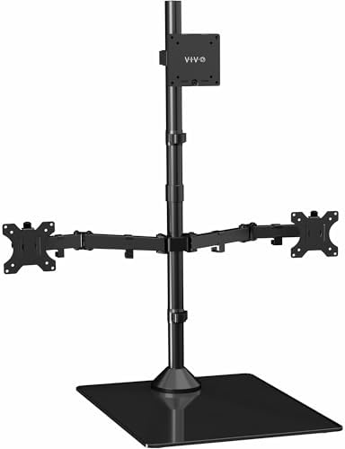 VIVO Triple Monitor Extra Tall Desk Stand for up to 49 inch Ultrawides on Center Bracket and 27 inch Screens on Side Brackets, Holds up to 44 lbs, Tempered Glass Base, Black, STAND-V103T-GB by VIVO