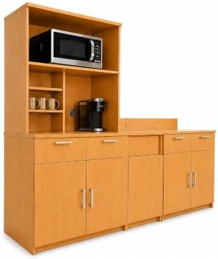 BREAKtime Breakroom Cabinet with 4-Door Storage, Trash Bin Compartment & Upper Hutch, Microwave Space, Fully Assembled, 90" W x 24" D x 75" H, Trash Bin Included, Appliances Not Included, Beech by BREAKtime