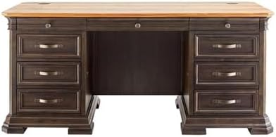 Pemberly Row Executive Desk, 60”W x 28”D x 30”H, Solid Wood Plank Top, Brown Finish, Double Pedestal Design, Dropfront Keyboard Drawer, Locking File Drawers, Antique Bronze Hardware, Home Office Desk - Image 3