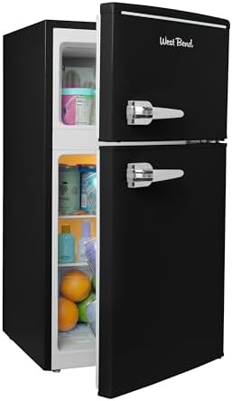 West Bend Mini Fridge with Freezer for Bedroom, Office, Bar or Dorm Room, Retro Compact Refrigerator features Glass Shelves, Manual Defrost and Adjustable Temperature Control, 3.1-Cu.Ft., Black by WestBend
