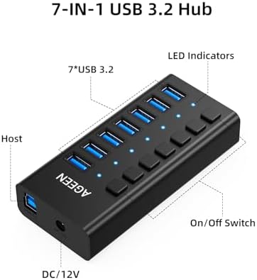 AGEEN 7-Port Powered USB 3.2 Hub, 10Gbps Data Transfer, 24W Power Adapter - Image 2