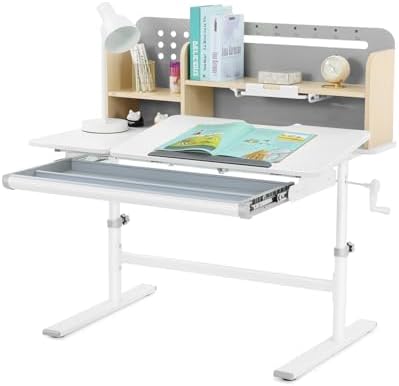 39in Wide Adjustable Height Kids Desk with Tilting Desktop, Bookshelf Hutch by COSVALVE