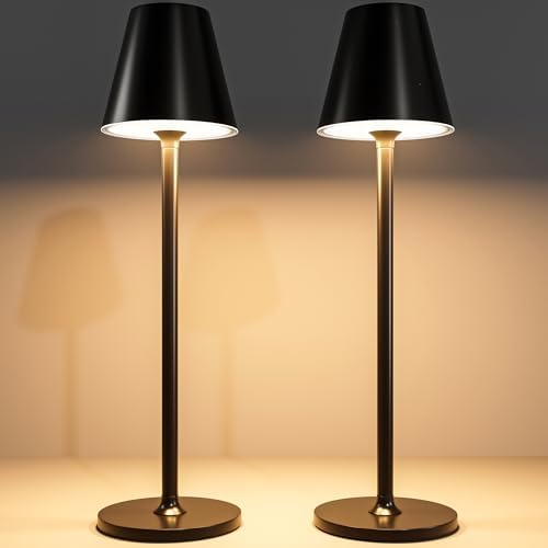 Timjorman 2-Pack Cordless Table Lamps - 5000mAh Rechargeable Battery Operated Desk Lamp, 3-Level Dimmable LED Night Light for Bedroom, Dining, Restaurant - Metal Design (Black 2-Pack) by Timjorman