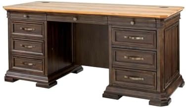 Pemberly Row Executive Desk, 60”W x 28”D x 30”H, Solid Wood Plank Top, Brown Finish, Double Pedestal Design, Dropfront Keyboard Drawer, Locking File Drawers, Antique Bronze Hardware, Home Office Desk - Image 4