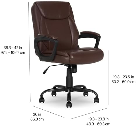 Amazon Basics Classic Puresoft PU Padded Mid-Back Office Chair with Armrest, Height Adjustable, Wheels, 25.75"D x 24.25"W x 42.25"H, Brown - Image 3