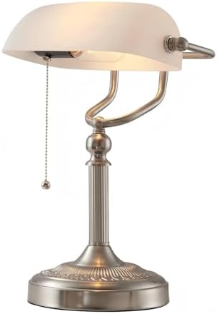 White Matted Glass Bankers Desk Lamp,Sand Nickel Base by Newrays