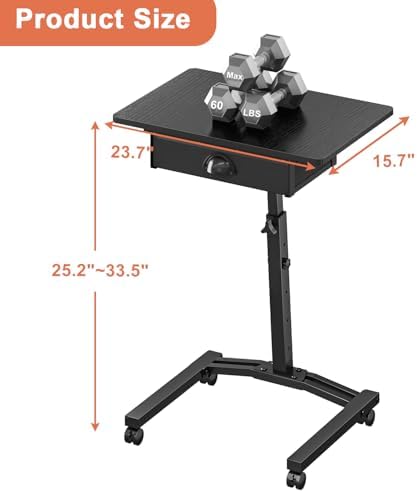 Rolling Adjustable Height Computer Desk With Drawers, Small Mobile Laptop Desk Cart On Wheels For Small Spaces Home Office, Portable Sitting Laptop Table For Bed Couch Load Up To 60LBS, Sturdy, Black - Image 3