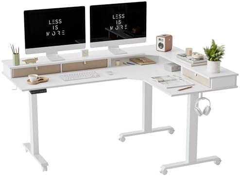 FEZIBO Triple Motor 63" L Shaped Standing Desk with 3 Drawers, Electric Standing Gaming Desk Adjustable Height, Corner Stand up Desk with Splice Board, White Frame/White Top by FEZIBO