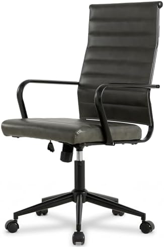 Okeysen Genuine Leather Office Chair, Mid-Century Modern Real Leather Conference Room Chairs, Ergonomic Executive Ribbed Height Adjustable Swivel Rolling Desk Chair for Home Office. by Okeysen