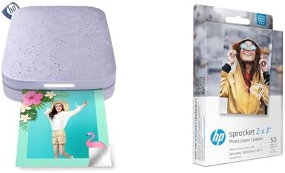 HP Sprocket Portable 2x3" Instant Photo Printer (Lilac) with HP Sprocket 2x3" Premium Zink Sticky Back Photo Paper (50 Sheets) by HP
