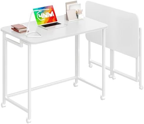 4NM 31.5" Mobile Small Rolling Computer Desk, Folding Laptop Cart Table with Wheels, Portable Office Desk for Small Space Couch Bed - All White by 4NM