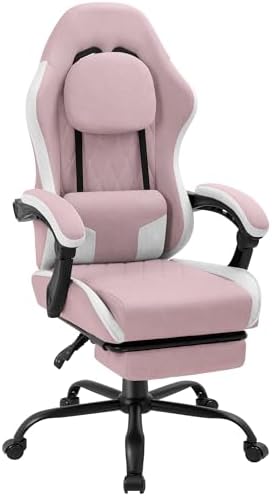 Gaming Chair with Footrest, Ergonomic Fabric Desk Chair, Pink by Meilocar