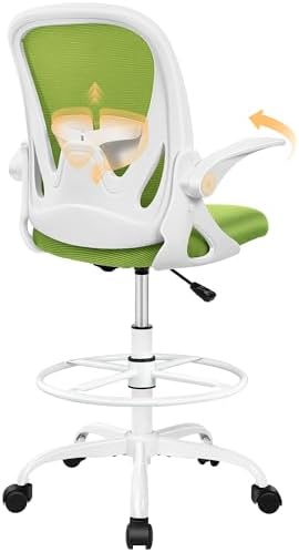 Primy Drafting Chair Tall Office Chair with Flip-up Armrests Executive Ergonomic Computer Standing Desk Chair with Lumbar Support and Adjustable Footrest Ring (Green) by Primy
