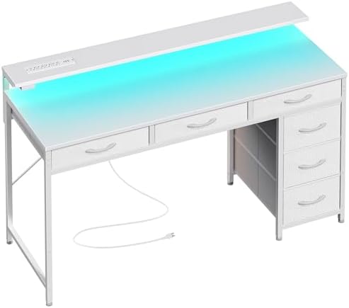 Huuger Gaming Desk with 6 Drawers, Computer Desk with LED Lights Power Outlets and Type-C, 47 Inch Office Table with Storage, Monitor Stand, Writing & Work Home Office, Bedroom, Study, White by Huuger