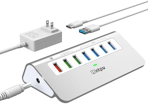 Powered USB Hub 10Gbps, 7 Port USB 3.2 Gen 2 Hub with 4 USB 3.2 Data Ports, 3 Fast Charging Ports, 36W Power Adapter, Type A and Type C Cable, Aluminum USB Hub for Laptop, Mac, PC by intpw