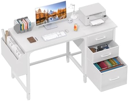 Lufeiya White Desk with File Drawers Cabinet, 47 Inch Reversible Computer Desk with Fabric Filing Cabinet for Bedroom Small Space Home Office, Modern Writing Table PC Desks, White by LUFEIYA