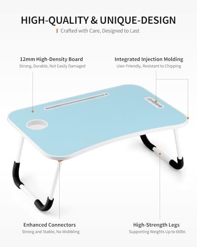 FISYOD Foldable Laptop Table, Portable Lap Desk Bed Table Tray, Laptop Stand with Cup Holder & Tablet Slot & Lifting Handle for Working Writing Drawing & Eating (Light Blue) - Image 6