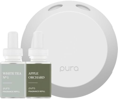Pura - Smart Home Fragrance Device Starter Set - Pura 4 - Scent Diffuser for Home - Includes Fragrance Aroma Diffuser - Square Box, White Tea No. 1 and Apple Orchards Scent Refills by Pura