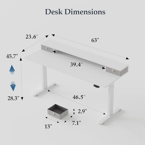 Klicelor 63 x24 Inch Electric Standing Desk with Drawers, Adjustable Height Small Sit Stand Desk for Home Office, Compact Computer Workstation with Storage– White - Image 3