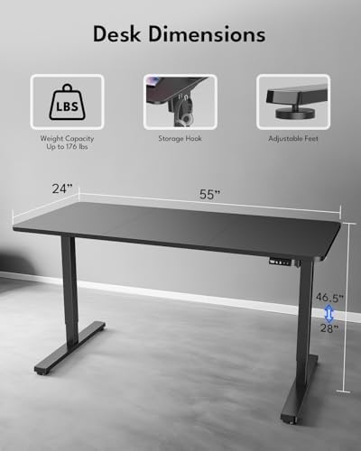Large Electric Standing Desk, Gaming Desk, 55 x 24 Inch, Black - Image 2