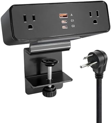 Desk Clamp Power Strip USB C 100W, Desktop Edge Mount Fast Charge Station 3 PD USB Port 2 AC Outlets 6ft Braided Extension Cord Flat Plug Fit Max 3.26’’ Tabletop Edge for Gaming Office Table. by HdcTek