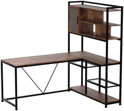 SEDETA L Shaped Computer Desk with Storage Shelves, Bookshelf, Rustic Brown - Image 4