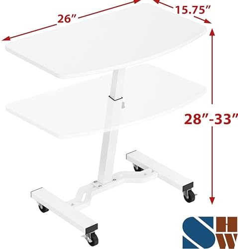 SHW Mobile Height Adjustable Laptop Rolling Cart w/Lockable Wheels, White - Image 3